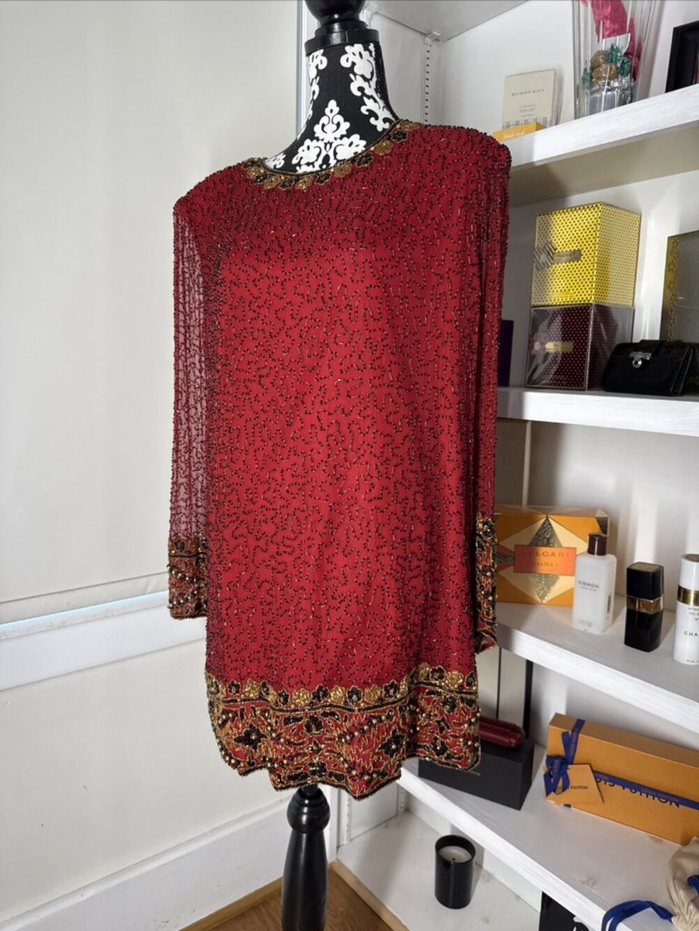 Laurence Kazar New York red silk gold and black beaded mini dress, size XL 1X